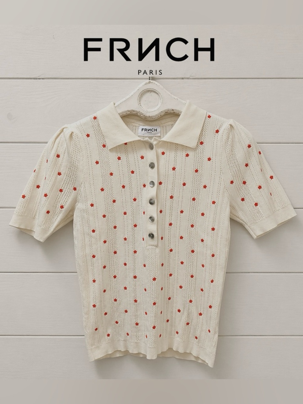 FRNCH PARIS Ivory Knit Polo Top with Orange Floral Details – Size M